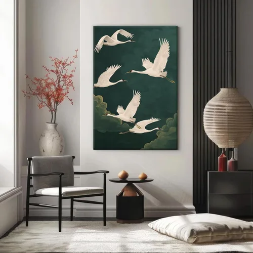 Vista 4 de Arte de pared de grúa blanca, póster de pájaros voladores, pintura abstracta verde, arte de grúa voladora, arte de pared de aves costeras, póster