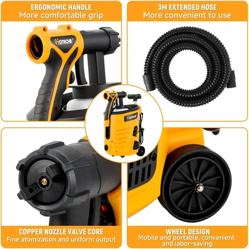 Vista 3 de Hoteche Pulverizador de pintura eléctrico HVLP de 700 W Contenedor de 27.1 fl oz, boquilla de 0.098 in, flujo de 33.8 fl oz/min, manguera de 9.8 ft