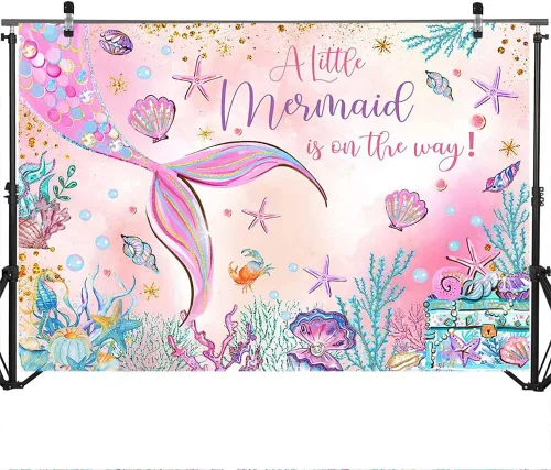 Vista 3 de Mocsicka Telón de fondo de sirena para baby shower, sirena rosa bajo el mar, decoración de fiesta de baby shower para niñas, fondo de fotografía