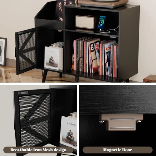 Vista 6 de Loomie Soporte grande para tocadiscos con toma de corriente y luz LED, gabinete de almacenamiento de discos de vinilo 350 con puerta magnética, mesa