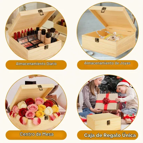 Vista 6 de DAJAVE Caja de madera sin terminar, caja de almacenamiento de madera con tapa con bisagras, caja de madera de pino de 9 x 9 x 4 pulgadas, cajas