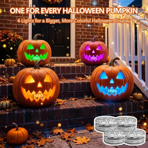 Vista 12 de Luces LED de calabaza con control remoto, 16 colores, 4 modos, funciona con pilas, luces sumergibles que cambian de color, para Halloween, calabaza
