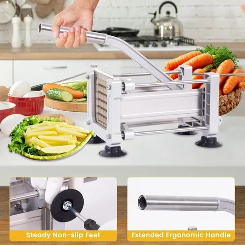 Vista 6 de Cortador de papas fritas de servicio pesado con 3 cuchillas de acero inoxidable (1/4" 3/8" 1/2") - Rebanador manual de papas de metal para verduras