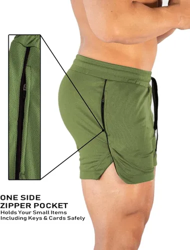 Vista 4 de FLYFIREFLY Pantalones cortos de entrenamiento de gimnasio para hombre, ligeros, atléticos, pantalones cortos para entrenamiento de culturismo