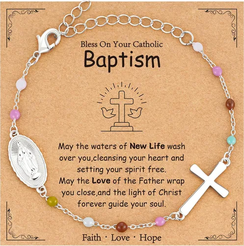 Vista 9 de Pulsera de cruz católica de la Virgen María para niñas y mujeres, pulsera de cuentas de rosario, primera comunión, confirmación, bautismo, madrina