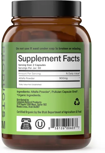 Vista 2 de Complete Natural Products Hoja de alfalfa pura - 100 cápsulas - 450 mg de polvo de hoja de alfalfa orgánica pura seca en cápsulas vegetales