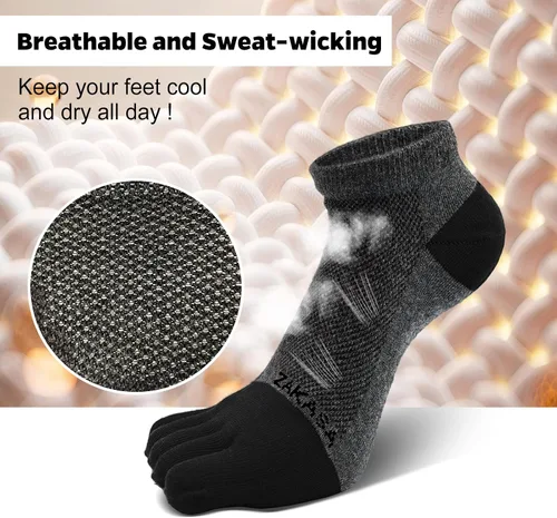 Vista 4 de ZAKASA Mens Ankle Toe Socks Athletic Running Five Finger Cotton Crew Socks Breathable Mesh Top - Size 8-12 (5 Pairs)