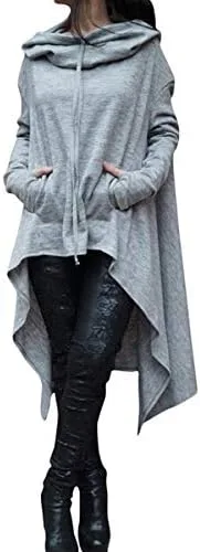 Vista 4 de Abrigo de manga larga con cordón para mujer, color liso, suelto, casual, poncho con capucha (verde militar, M)