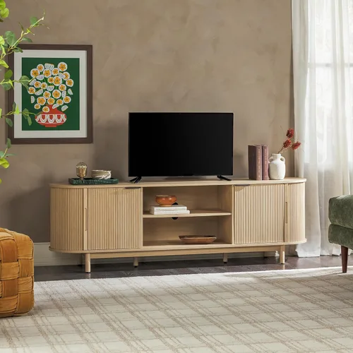 Vista 5 de Walker Edison Chloe - Soporte de TV curvo con junco, puertas correderas, 75 pulgadas, 70 pulgadas, roble costero