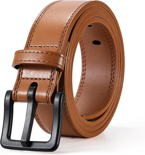 Vista 9 de XZQTIVE Cinturón de cuero hipoalergénico sin metal para hombre, cinturón de cuero para jeans y vestido, sin níquel, con hebilla negra