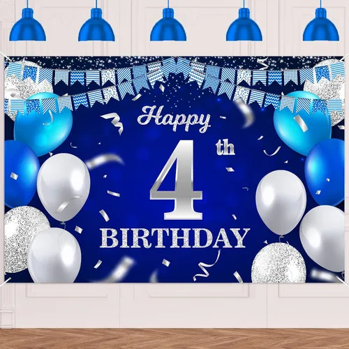 Vista 46 de Bandera de feliz primer cumpleaños con fondo azul marino, globos, confeti, bandera de rayas, luces de puntos, felicitaciones por el tema de 1 año