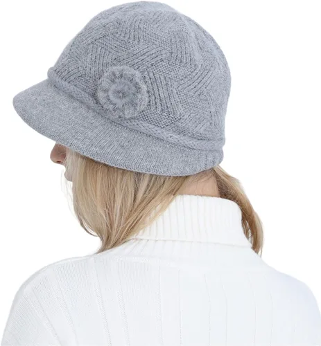 Vista 73 de C-US - Gorro de punto cálido para mujer, con visera de ganchillo con acento de flores