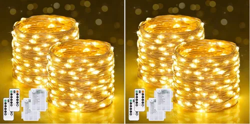 Vista 16 de JMEXSUSS Paquete de 2 Luces de Hadas Verdes a Batería, Total 200 LED 66 pies Luces de Cadena Parpadeantes con Control Remoto, 8 Modos de Luces