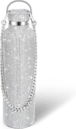 Vista 12 de Geiserailie Botella de agua con diamantes de imitación de acero inoxidable, térmica, recargable, aislada, con cadena, para mujeres y niñas