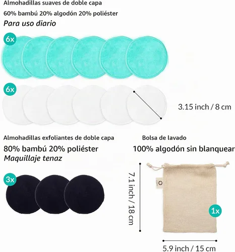 Vista 4 de Almohadillas reutilizables para remover maquillaje Discos de algodón ecológicos y sin desperdicio Productos de belleza 15 almohadillas