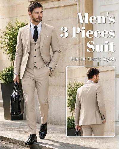 Vista 2 de MY'S Conjunto de traje de 3 piezas para hombre con corbata, chaqueta ajustada de un botón, chaleco y pantalones, blazer para fiestas, bodas, bailes
