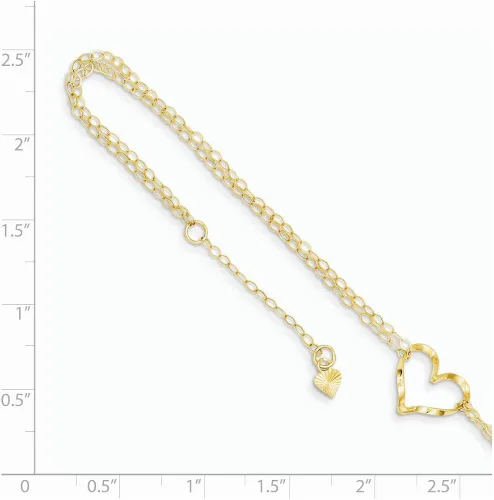 Vista 3 de Tobilleras de oro para mujer oro amarillo de 14 quilates doble hebra corazón 9 pulgadas más 1 extensión de tamaño de cadena ajustable tobillera