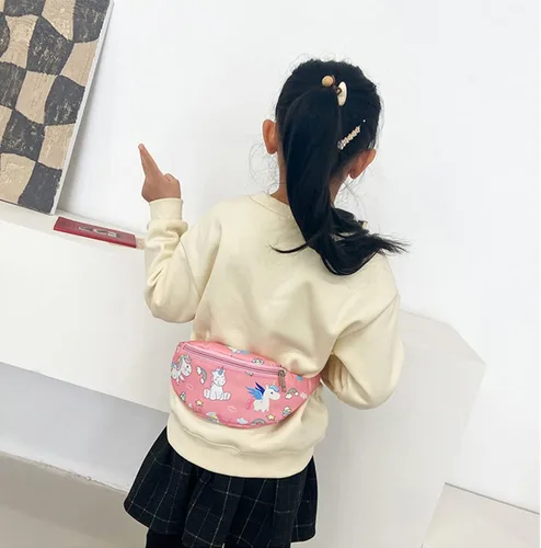 Vista 4 de Linda cangurera de dinosaurio para niños, riñonera pequeña con cinturón, bolso cruzado para la cintura para niños y niñas, Rosado, Riñonera