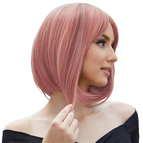 Vista 11 de Onpep Pelucas de cabello castaño rojizo con flequillo para mujer, longitud corta y recta, resistente al calor, peluca sintética resistente al calor