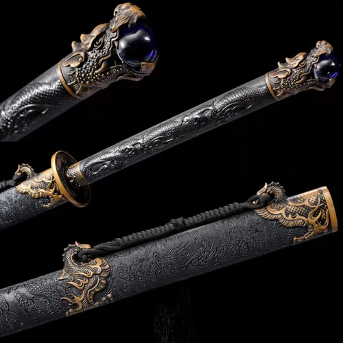 Vista 9 de Espada ancha de dragón dorado, espada china de acero al manganeso afilado, Tang Heng Dao, hoja de espiga completa, espada samurai, katana, arma