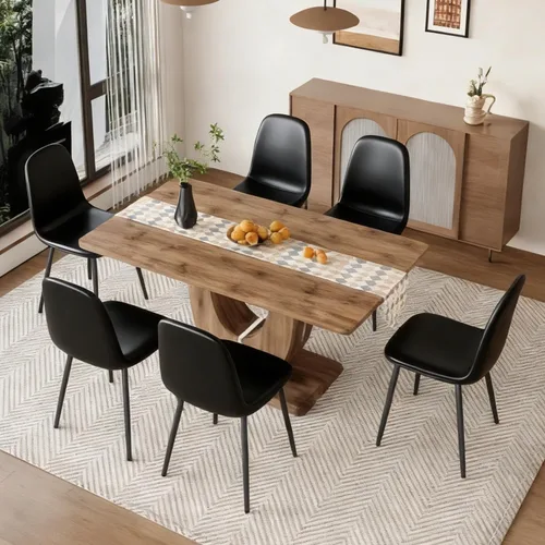 Vista 8 de Moderno juego de mesa de comedor para 6, mesa de cocina de madera con sillas de cuero, juego de mesa de comedor de 7 piezas con parte superior