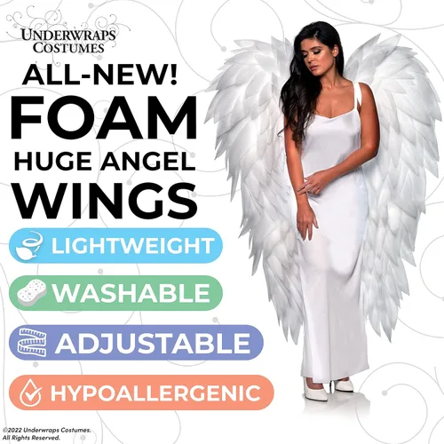 Vista 2 de UNDERWRAPS Disfraz grande de alas de ángel Disfraz de Halloween enorme para adultos, 5 pies de largo para sesión de fotos para hombres y mujeres
