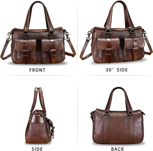 Vista 5 de Bolso de cuero genuino para mujer, estilo retro, hecho a mano, con asa superior, bolso de hombro, bolso cruzado de diseñador