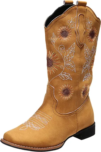 Vista 4 de HINDOLA Botas vaqueras para mujer, botas vaqueras de media pantorrilla, botas occidentales con bordado de girasol, punta cuadrada, tacón bajo, botas
