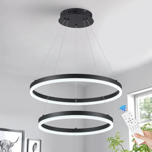 Vista 20 de Benkut Lámpara colgante LED moderna D24 pulgadas, color negro dorado, lámpara LED circular regulable, 1 anillo con control remoto, luz colgante
