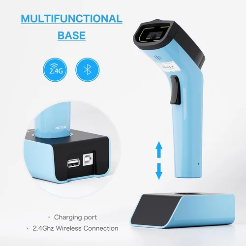 Vista 2 de NETUM Escáner de código de barras 1D, Bluetooth inalámbrico con cuna Azul