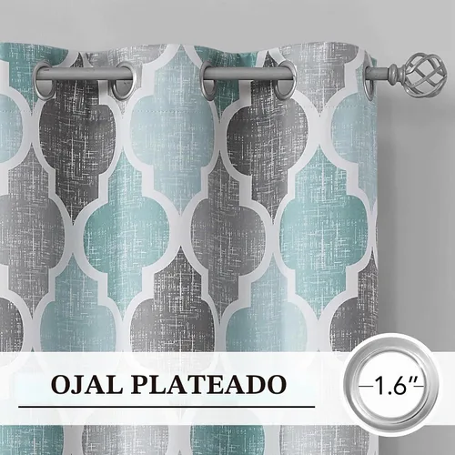 Vista 2 de Beauoop Cortinas 100% Opacas de 45 Pulgadas de Largo, 2 Paneles para Dormitorio, Sala de Estar, Gris Aqua Marroquí Geométrico, Oscurecimiento
