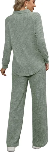Vista 4 de WIHOLL Conjunto de 2 piezas para mujer, ropa de descanso, pantalones de pierna ancha, cuello en V, conjunto de pijama