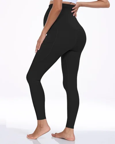 Vista 4 de WHOUARE Leggings de maternidad sobre el vientre con bolsillos para mujer, cintura alta, entrenamiento, pantalones de yoga