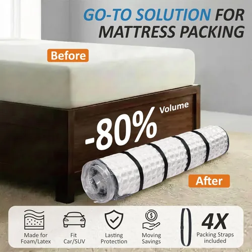 Vista 2 de Storage Logic Bolsa de vacío para colchón de espuma con 4 correas de embalaje ajustables para mudanza, almacenamiento, envío, bolsa de colchón