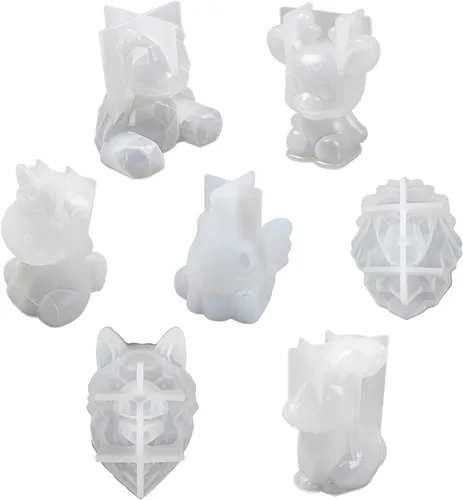 Vista 5 de Juego de moldes de silicona de resina epoxi 3D con diseño de animales, unicornio, león, lobo, elefante, ciervo, conejo, oso, suministros de joyería