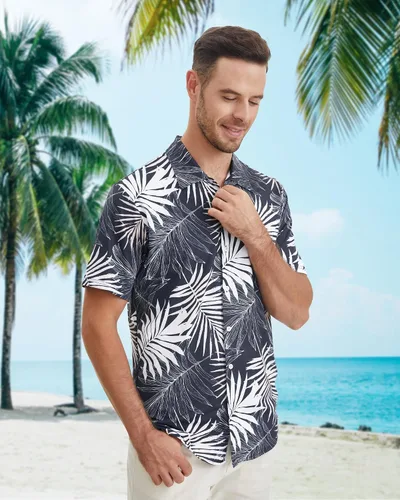 Vista 3 de BOJIN Camisa hawaiana de manga corta con botones para hombre, diseño floral tropical, sin arrugas, para vacaciones en la playa
