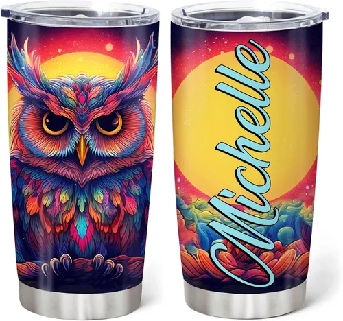 Vista 10 de Hyturtle Vaso personalizado para amantes de los búhos, vaso de café de acero inoxidable con nombre personalizado, 20 onzas con tapa, ideal como