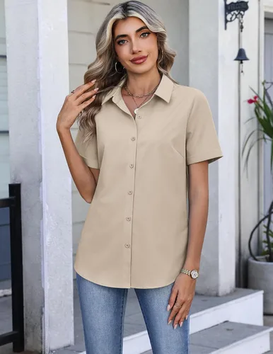 Vista 2 de HOTOUCH Camisas con botones para mujer, camisas de vestir de manga corta, blusas casuales de negocios, blusa de trabajo de oficina