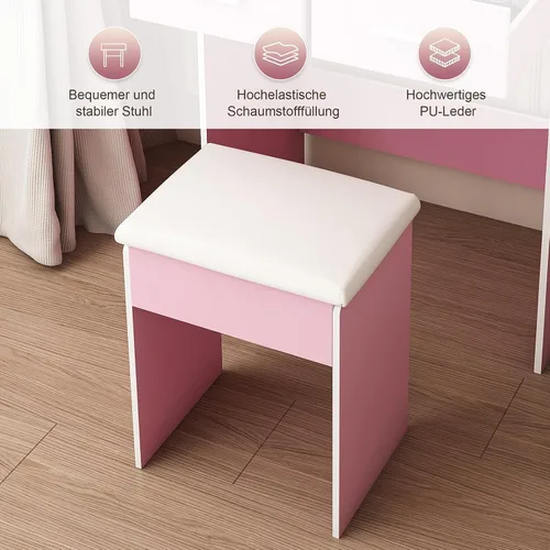 Vista 7 de Escritorio de tocador para adolescentes con espejo y luces, pequeña mesa de tocador con espejo deslizante, mini tocador de maquillaje con cajones