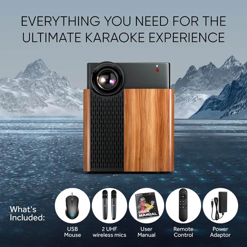 Vista 9 de MASINGO Máquina de karaoke portátil 4 en 1 con proyector inteligente de 1080p con WiFi, altavoz y 2 micrófonos inalámbricos. Sistema Android