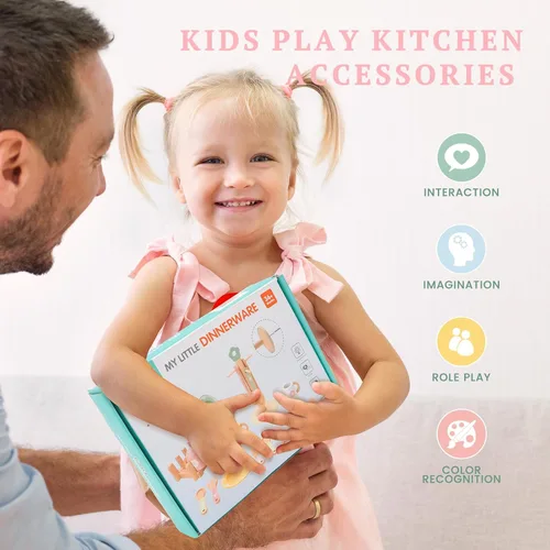 Vista 5 de Accesorios de cocina de madera para niños pequeños de 3 años en adelante, 22 piezas de cocina para niños con lindo estante para cubiertos y estante