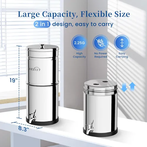 Vista 6 de Sistema de filtro de agua por gravedad, sistema de encimera de acero inoxidable 2.25 G, purificador de agua, reduce el 99% de cloro para el hogar
