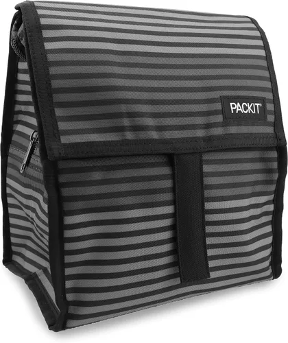 Vista 4 de PackIt Bolsa de almuerzo congelable a rayas grises con cierre de cremallera, 8 pulgadas y caja de aperitivos congelable, color negro