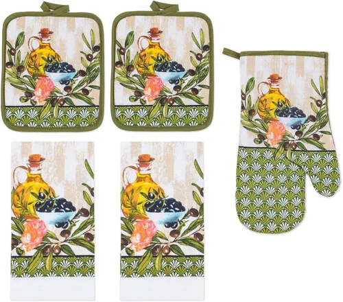 Vista 14 de Juego de ropa de cocina de 5 piezas, 2 toallas de algodón, 2 agarraderas, 1 guante de horno con lazo para colgar, material 100% algodón en la parte