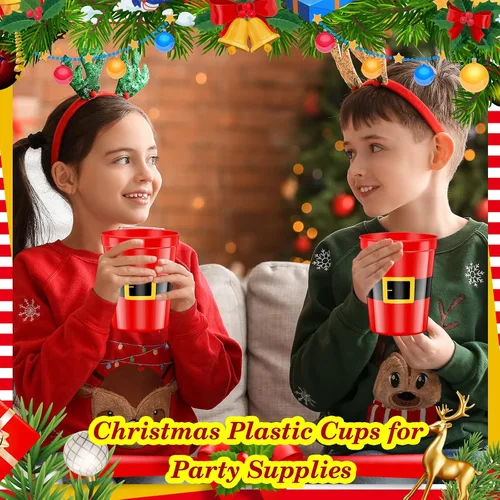 Vista 4 de Dandat 100 vasos de Navidad desechables de 16 onzas a granel de plástico reutilizables de Papá Noel, tazas de estadio de Navidad para vacaciones