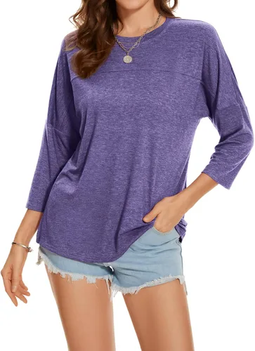 Vista 93 de ZENNILO Camisetas casuales de manga 3/4 para mujer, holgadas, cuello redondo, lindas camisetas básicas