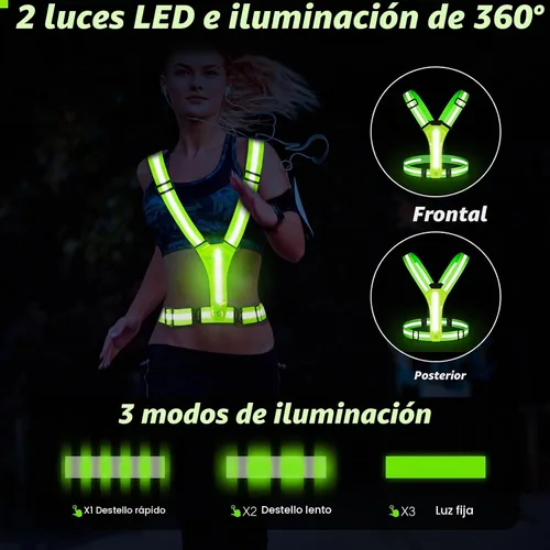 Vista 2 de LED Reflective Running Vest - Light Up With 3 Modes, Rechargeable Night Gear for Runners - Safety Belt for Women Men Verde