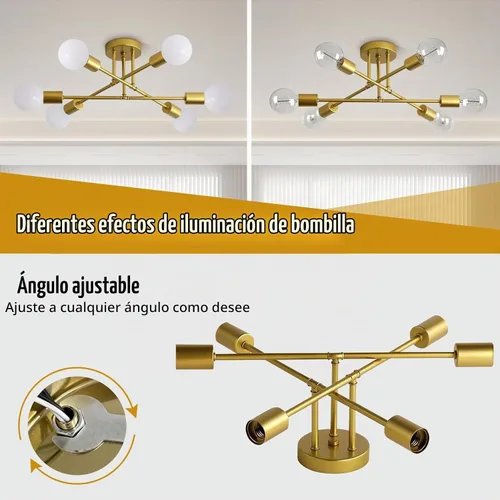 Vista 5 de Lámpara de techo Sputnik dorada de 6 luces, lámpara de comedor
