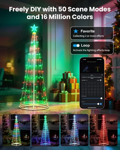 Vista 9 de Paquete de 2 Luces Inteligentes de Árbol de Navidad en Forma de Cono - Árbol Artificial de 5 Pies con 130 LED y 6 Pies con 154 LED con Estrella