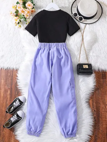 Vista 2 de WDIRARA Conjunto de 2 piezas para niña con camiseta de manga corta y pantalones cargo con bolsillo